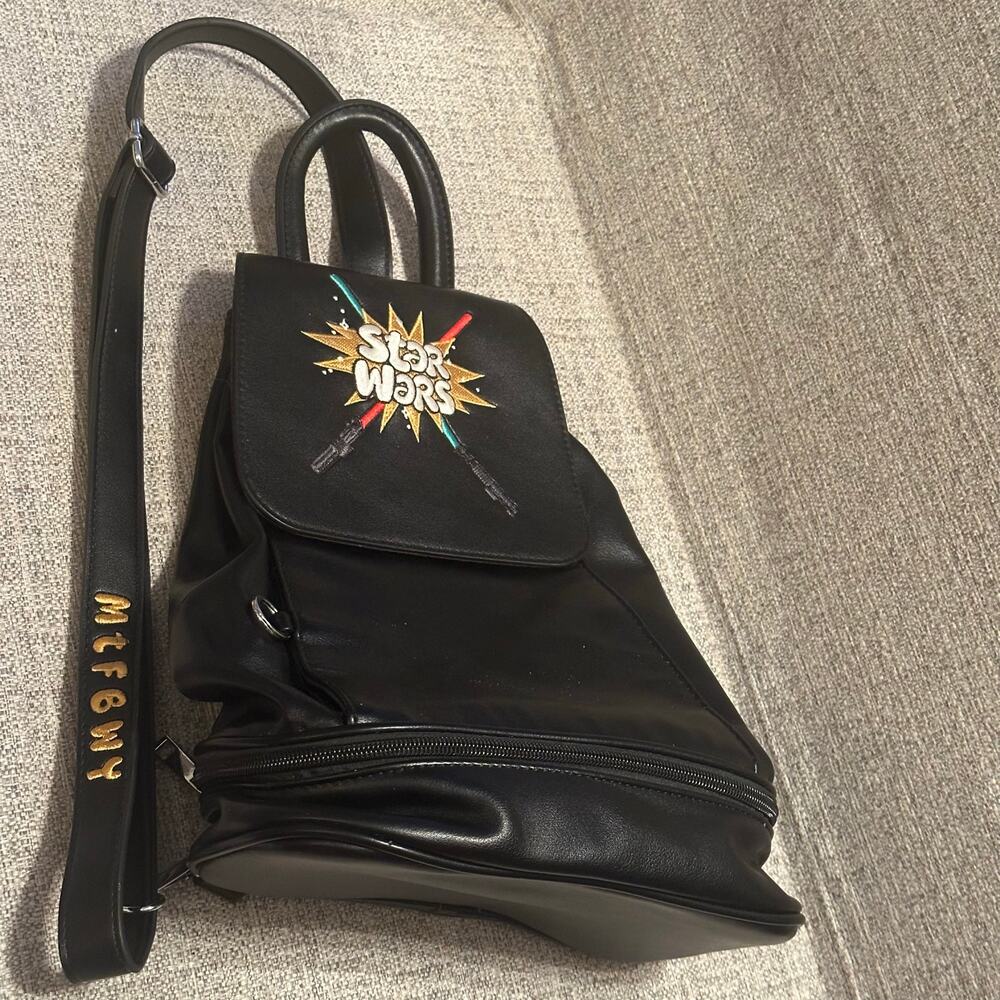Disney Parks Star Wars Black Light Saber MTFBWY Embroidered  Sling Backpack Read